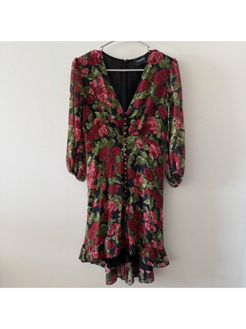 $928 The Kooples Women's Black Red Floral Dot V-Neck Ruffle Silk Shift Dress 3